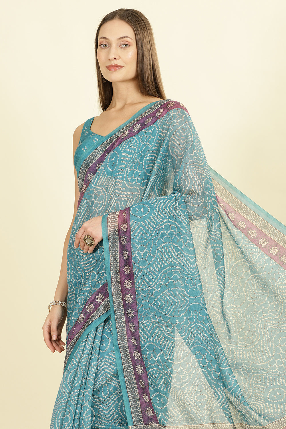 Teal Bandhani Printed Cotton Saree