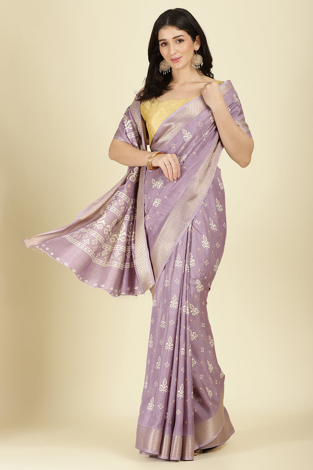 Lavender Cotton Silk Printed And Zari Woven Saree