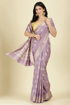Lavender Cotton Silk Printed And Zari Woven Saree