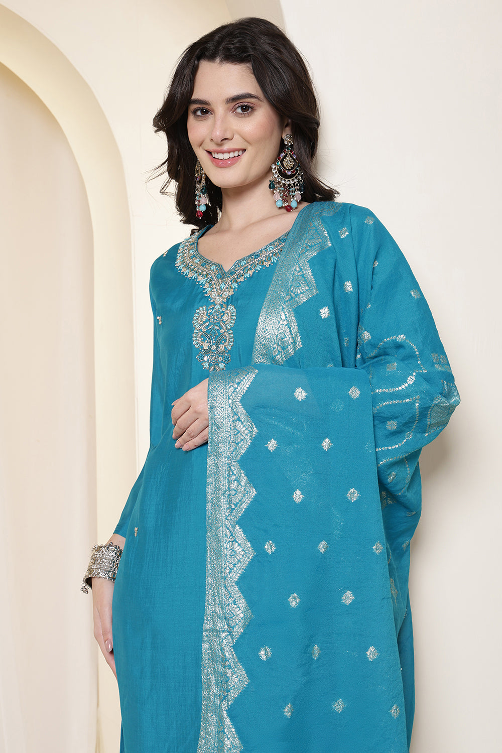 Purple Silk Neck Embroidered Suit Set With Woven Dupatta