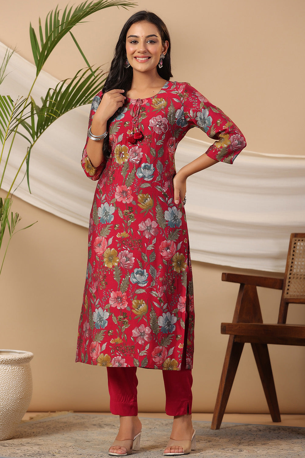 Fuchsia Pink Color Cotton Floral Printed Long Kurta Set