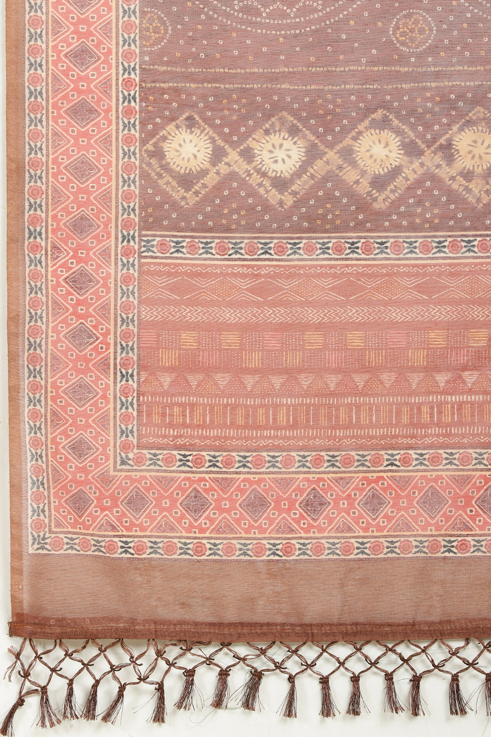 Brown Organza Cotton Bandhani Block Printed Saree