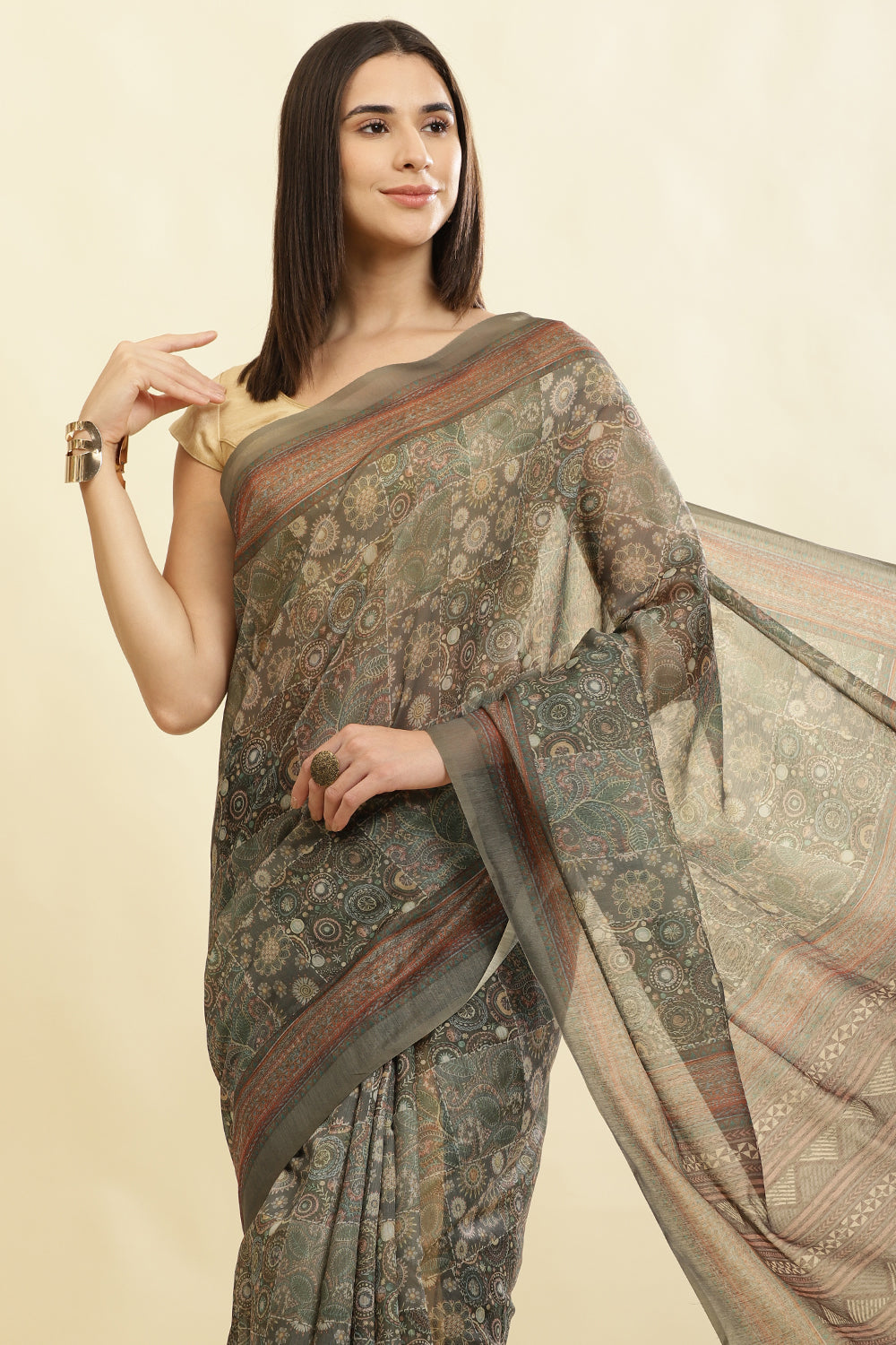 Sage Green Cotton Silk Printed Saree