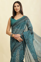 Teal Blue Cotton Silk Printed Saree
