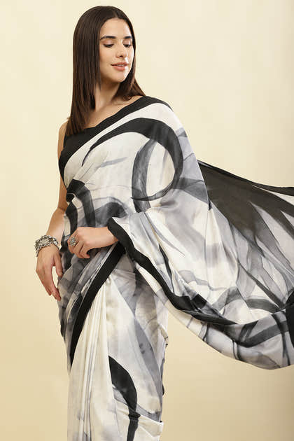 White Printed Crepe Silk Saree