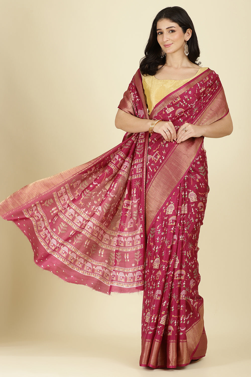 Dark Magenta Cotton Silk Printed Saree