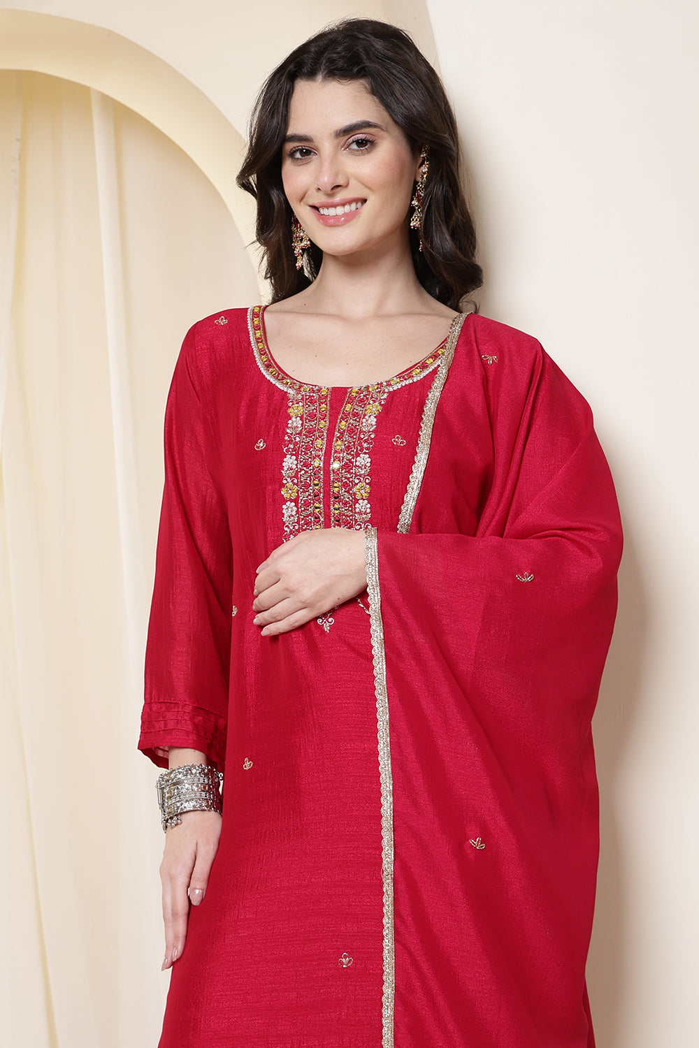 Rani Chinone Silk Neck-Embroidered Suit Set