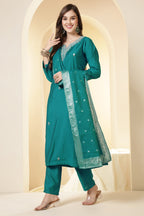 Teal Silk Embroidered Suit Set