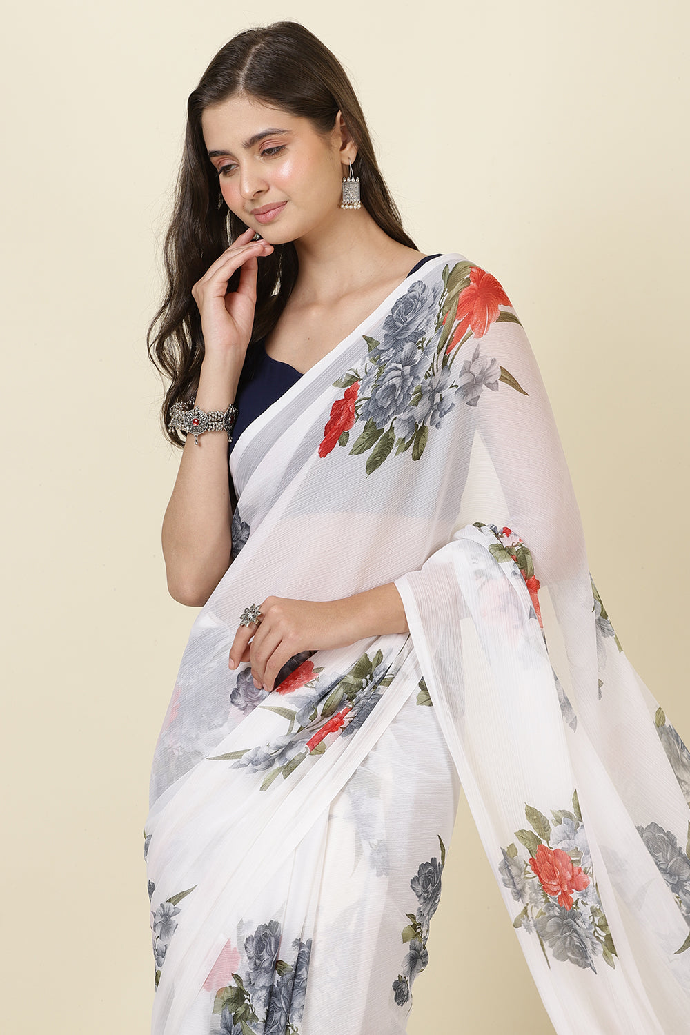 White Georgette Floral Printed Saree