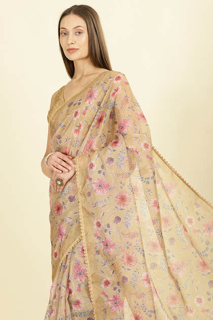 Light Mustard Organza Floral Printed And Lace Work Saree