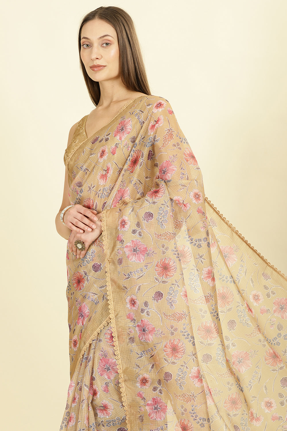 Light Mustard Organza Floral Printed And Lace Work Saree