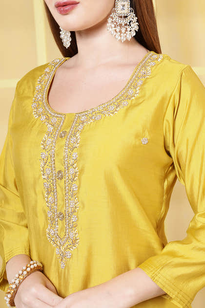 Mustard Silk Cut-Dana And Pearl Embroidered Suits