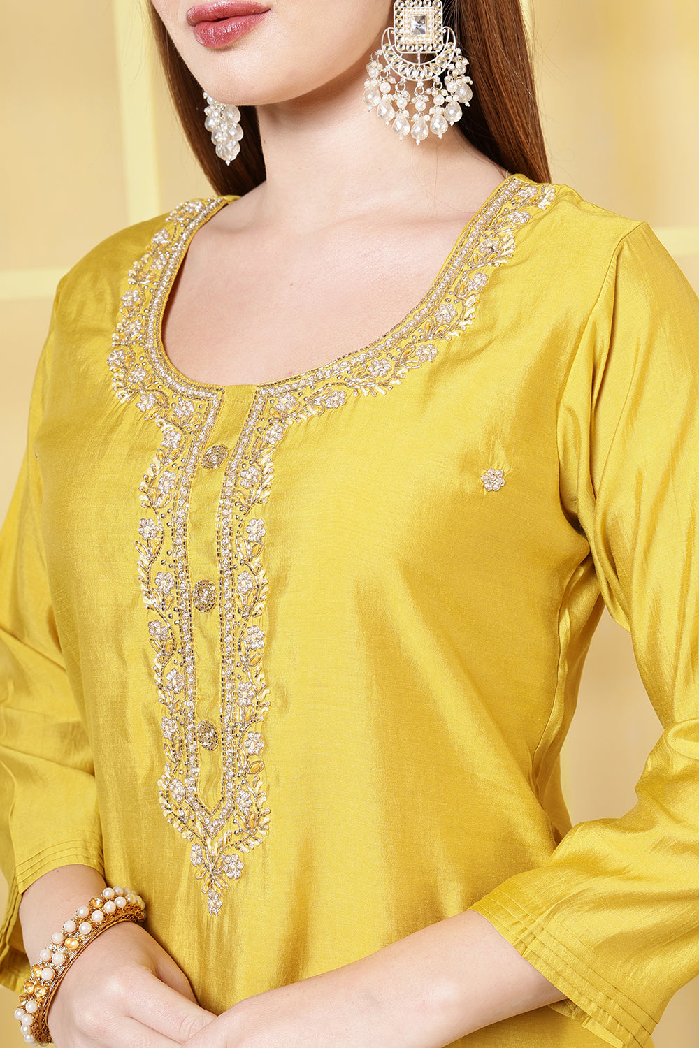 Mustard Silk Cut-Dana And Pearl Embroidered Suits