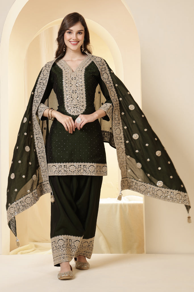 Green Silk Zari Embroidered Suit With Parsi Salwar
