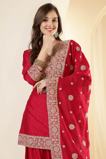 Rani Silk Zari Embroidered Suit With Farsi Salwar