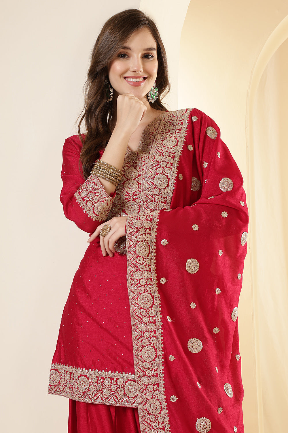 Rani Silk Zari Embroidered Suit With Parsi Salwar