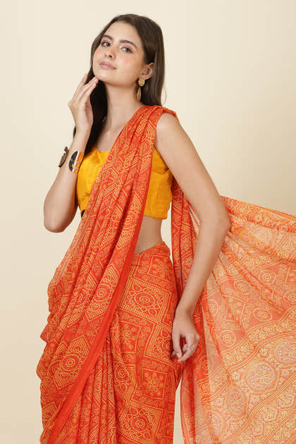 Orange Georgette Bandhani Printed Saree