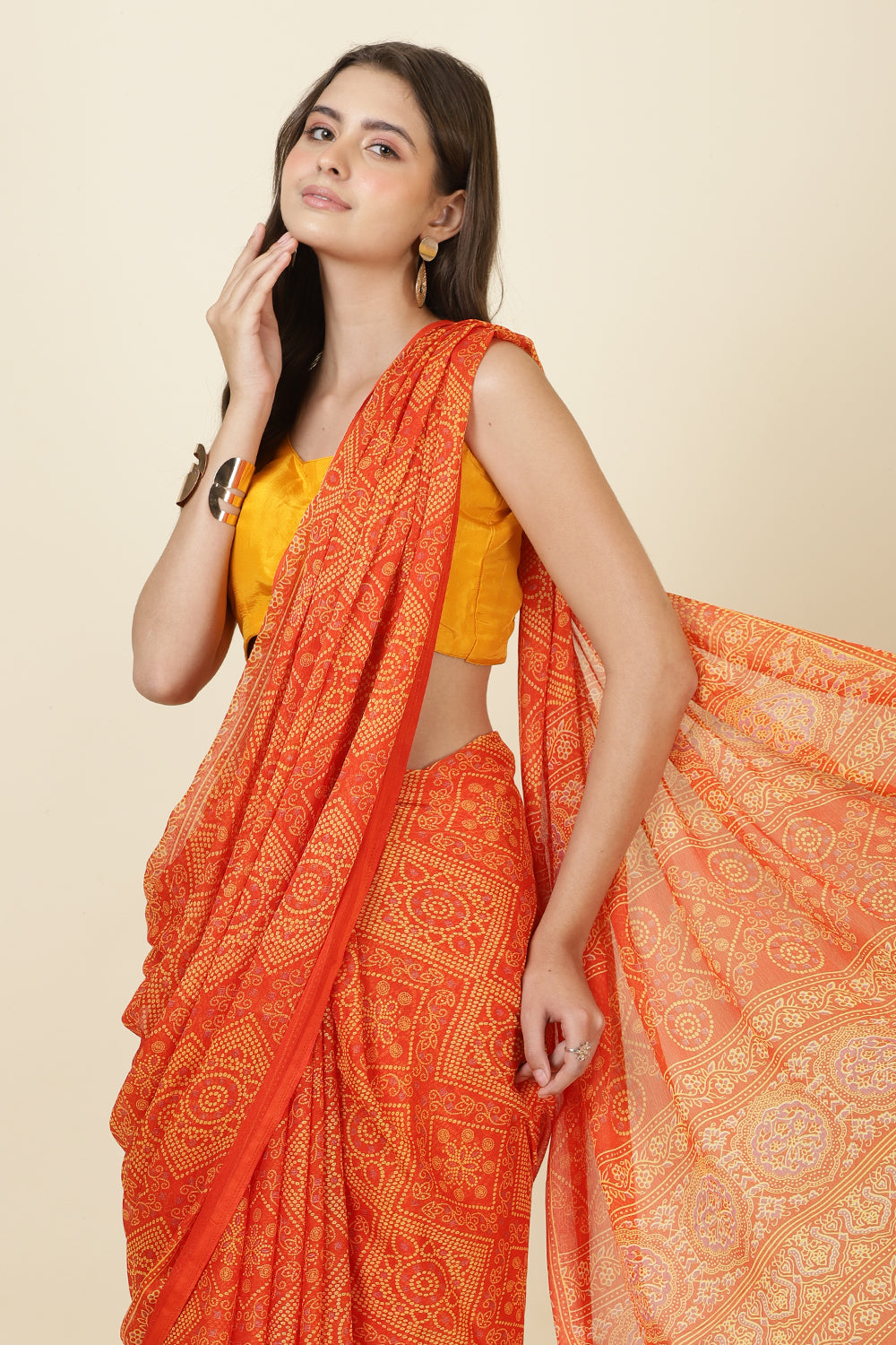 Orange Georgette Bandhani Printed Saree