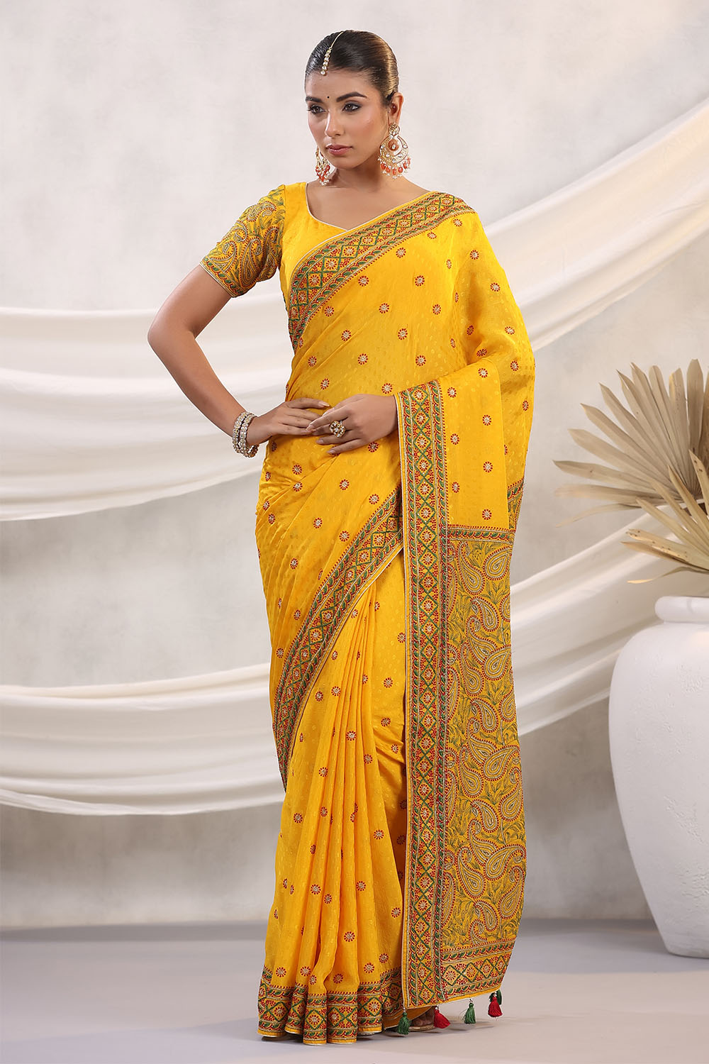 Mustard Color Embroidered Georgette Saree