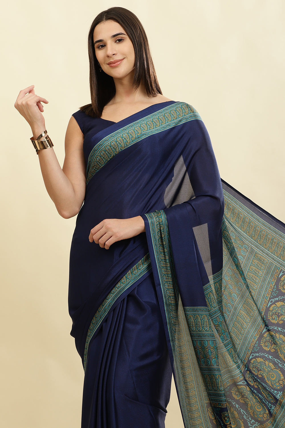 Navy Crepe Printed Saree