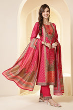 Fushia Pink Color Printed Silk Embroidered Suit Set
