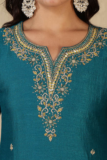 Teal Crepe Silk Neck Embroidered Suit