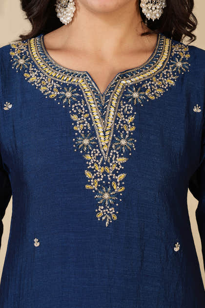 Navy Crepe Silk Neck Embroidered Suit