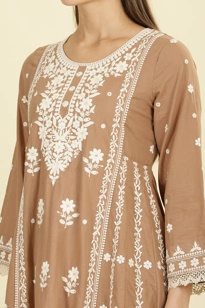 Light Brown Cotton Resham Floral Embroidered Anarkali Suit Set