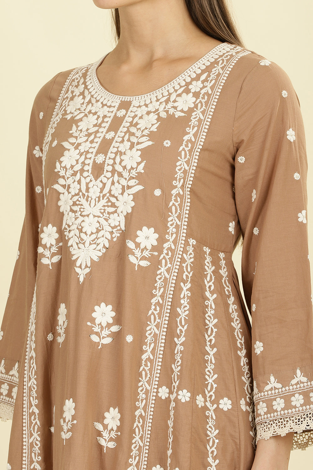 Light Brown Cotton Resham Floral Embroidered Anarkali Suit Set