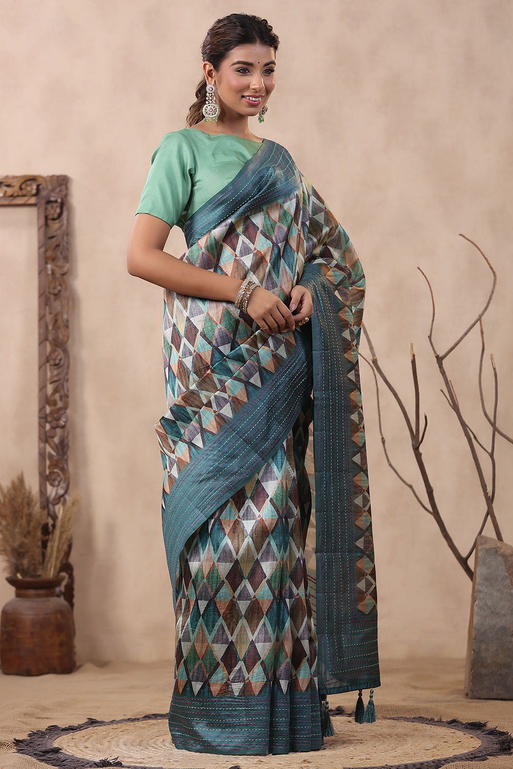 Teal Color Tussar Cotton Printed Saree