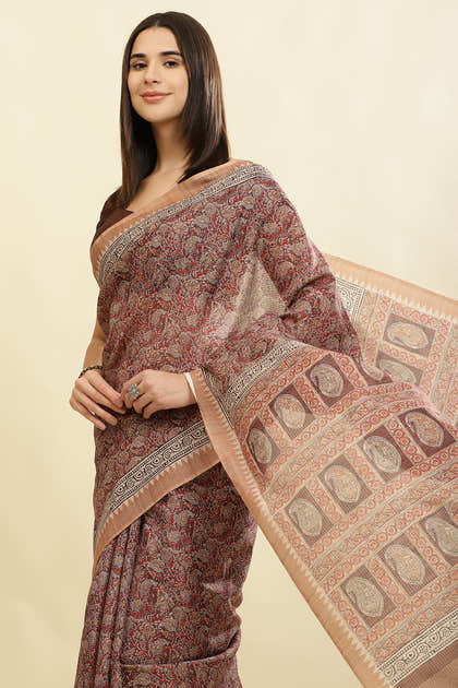 Brown Cotton Silk Floral Boota Printed Saree