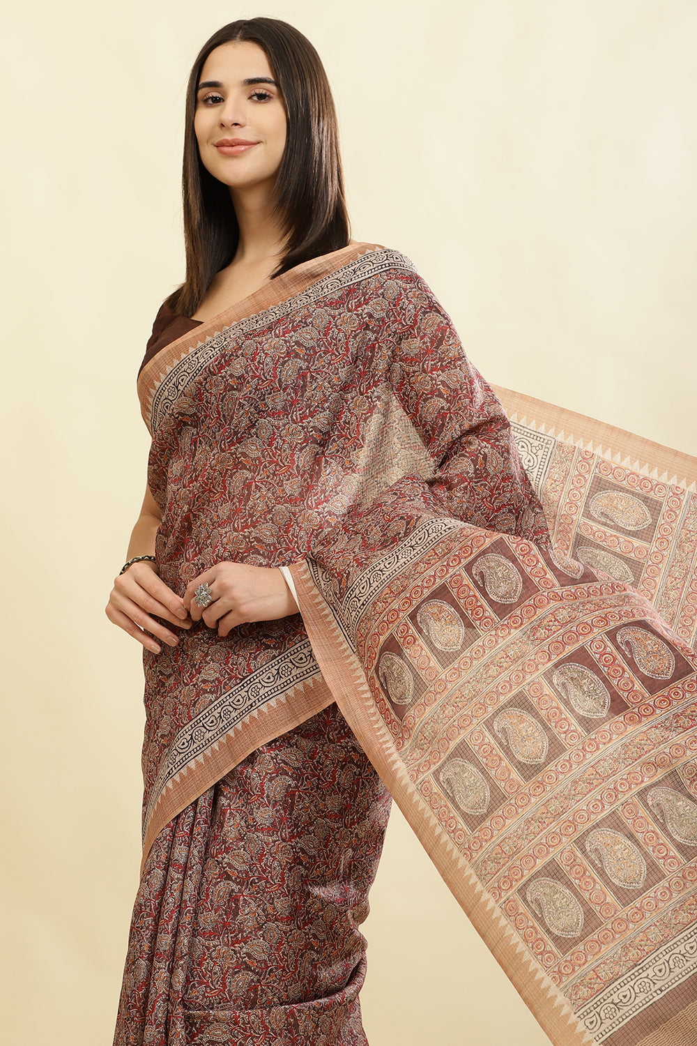 Brown Cotton Silk Floral Boota Printed Saree