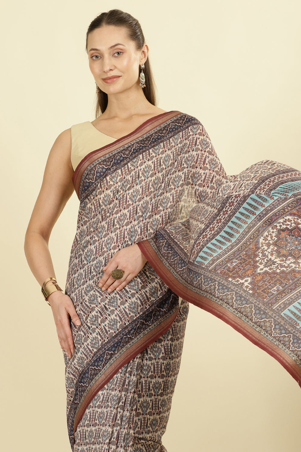 Brown Ajrakh Block Printed Cotton Saree