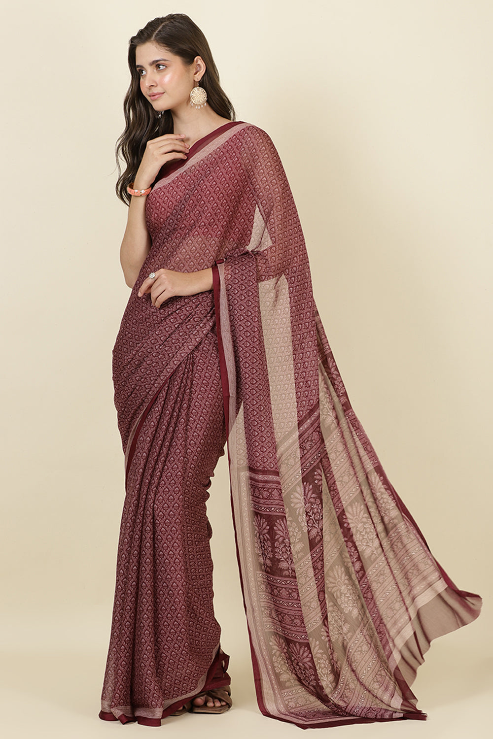 Wine Georgette Printed Saree