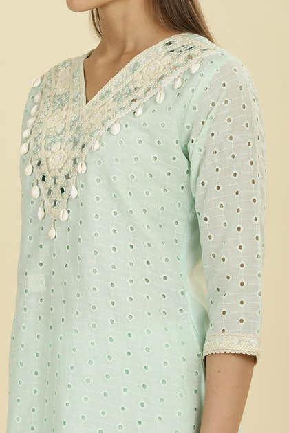 Mint Blue  Cotton Hacoba Style Neck-Embroidered Kurta Set
