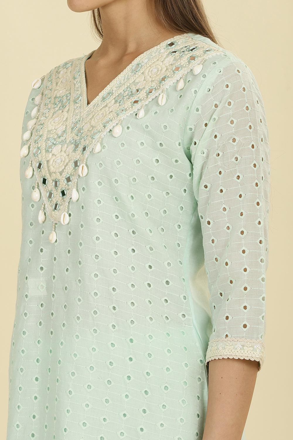 Mint Blue  Cotton Hacoba Style Neck-Embroidered Kurta Set