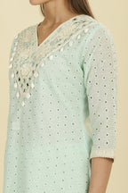 Mint Blue  Cotton Hacoba Style Neck-Embroidered Kurta Set