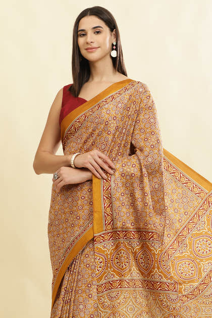 Mustard Cotton Silk Ajrakh Block Printed Saree