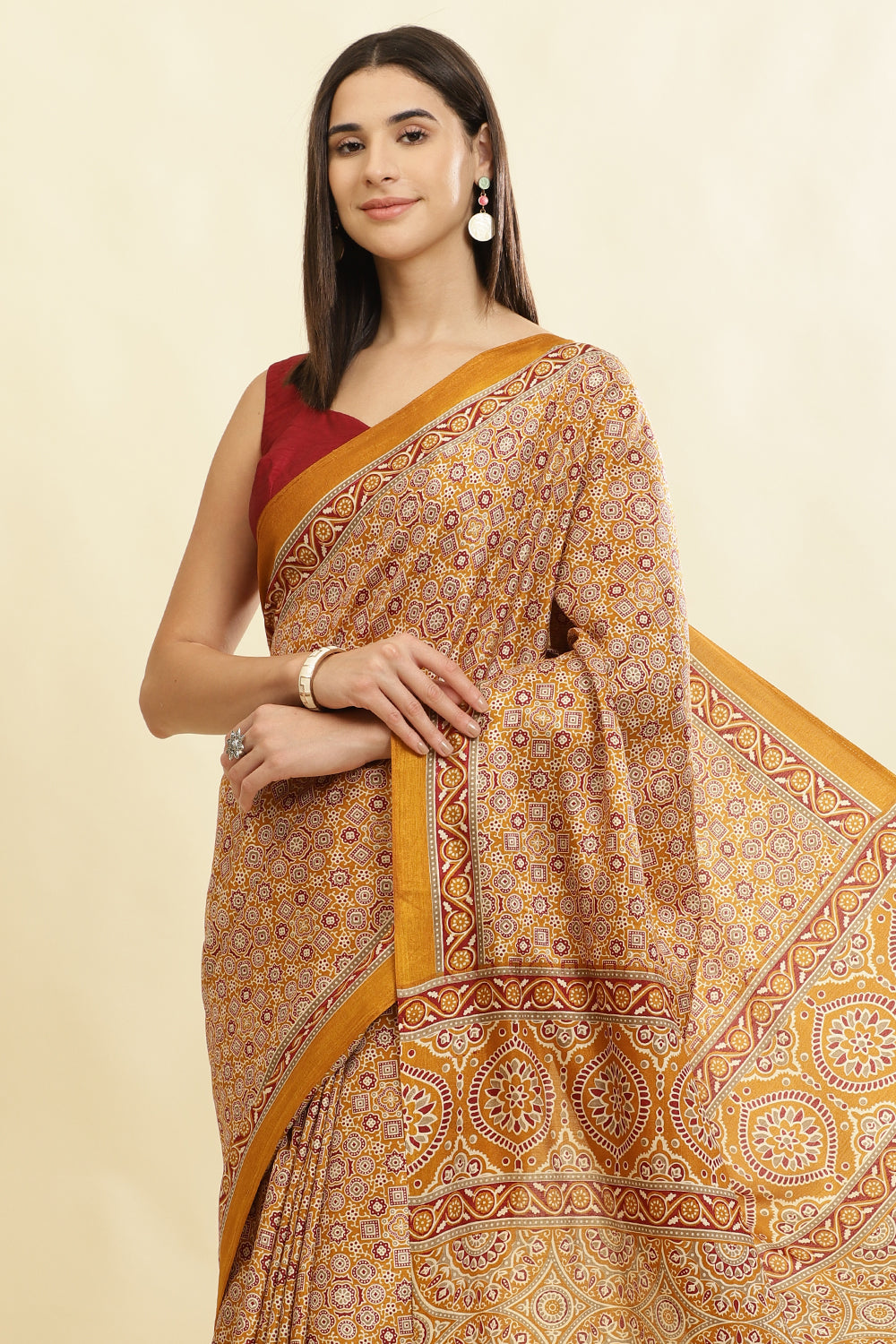 Mustard Cotton Silk Ajrakh Block Printed Saree