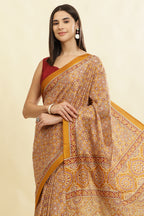 Mustard Cotton Silk Ajrakh Block Printed Saree
