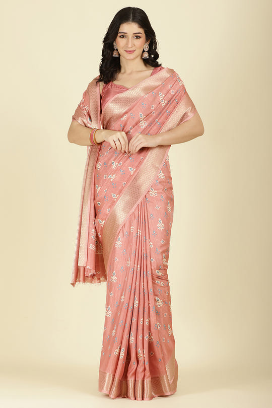 Peach Cotton Silk Printed And Zari Woven Saree