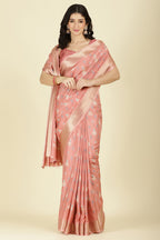 Peach Cotton Silk Printed And Zari Woven Saree