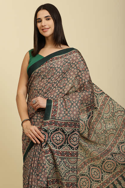 Bottle Green Cotton Silk Ajrakh Block Printed Saree