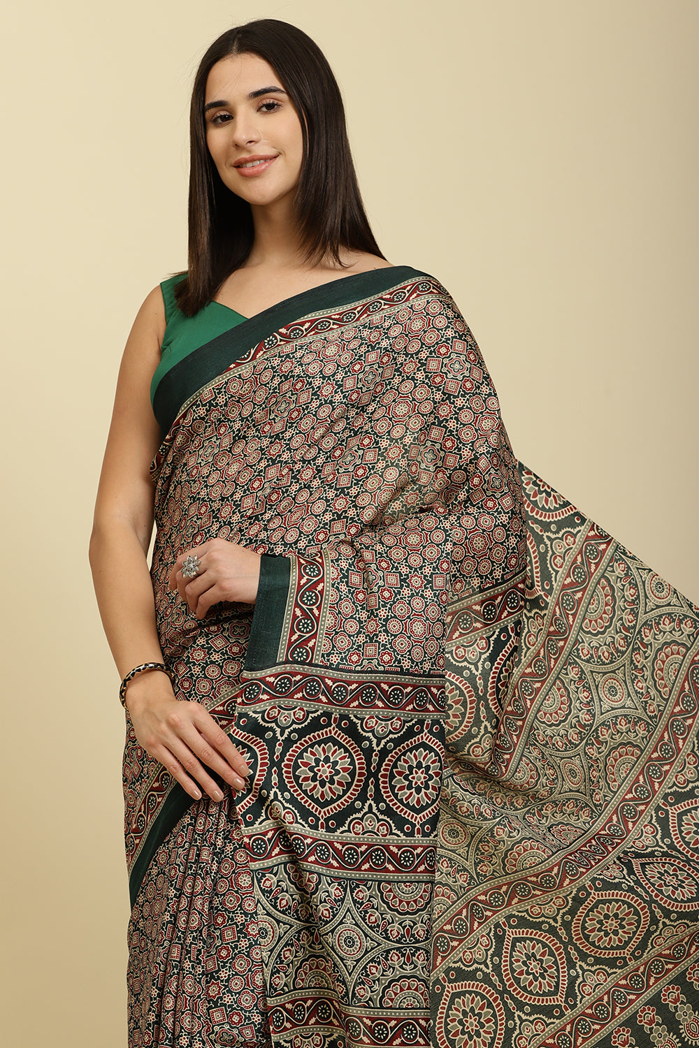 Bottle Green Cotton Silk Ajrakh Block Printed Saree