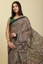 Bottle Green Cotton Silk Ajrakh Block Printed Saree