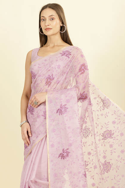 Lavender Floral Resham Embroidered Cotton Saree