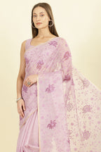 Lavender Floral Resham Embroidered Cotton Saree