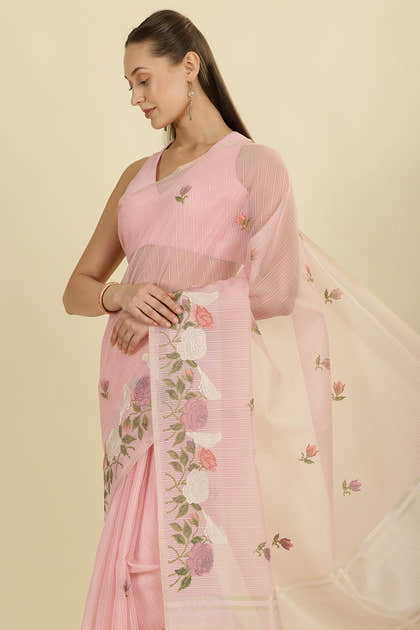 Pink Kota Cotton Floral Resham Embroidered And Zari Woven Saree