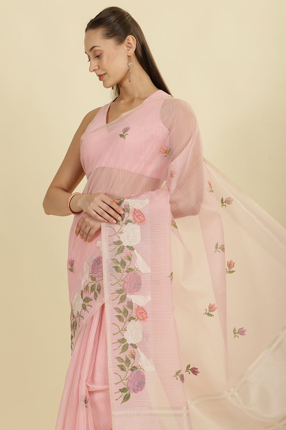 Pink Kota Cotton Floral Resham Embroidered And Zari Woven Saree