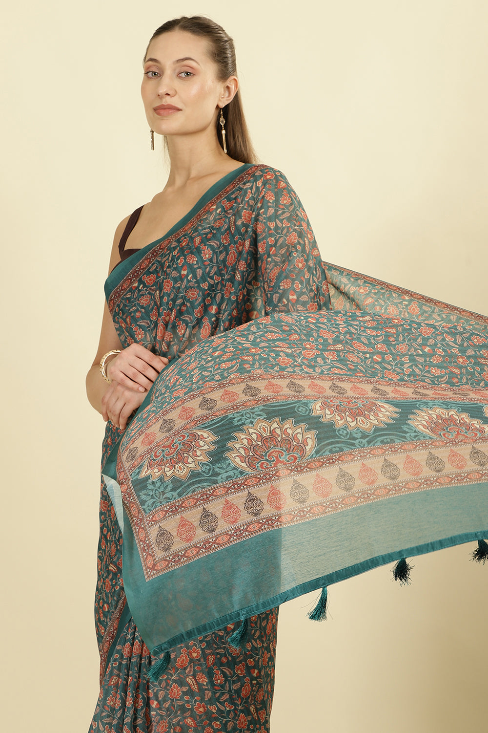 Teal Green Floral Printed Cotton Silk Saree